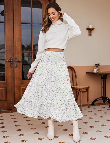 Zeagoo Women's Long Maxi Skirts Tiered Elastic High Waist Boho Double Layered Print A-Line Casual Midi Dress