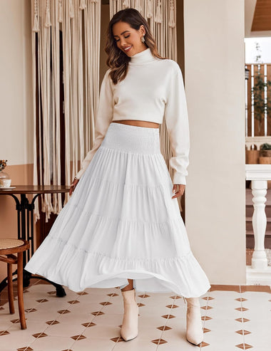 Zeagoo Women's Long Maxi Skirts Tiered Elastic High Waist Boho Double Layered Print A-Line Casual Midi Dress