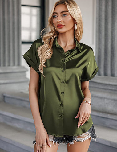 Silk Blouse for Women Short Sleeve Satin Button Down Shirts Casual Loose V-Neck Business Work Tunic Top - Zeagoo (Us Only)