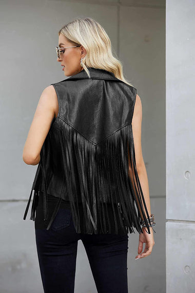 Women Faux Leather Vest Lapel Sleeveless Drape Tassel Open Front PU Fringe Jacket S-XXL - Zeagoo (Us Only)