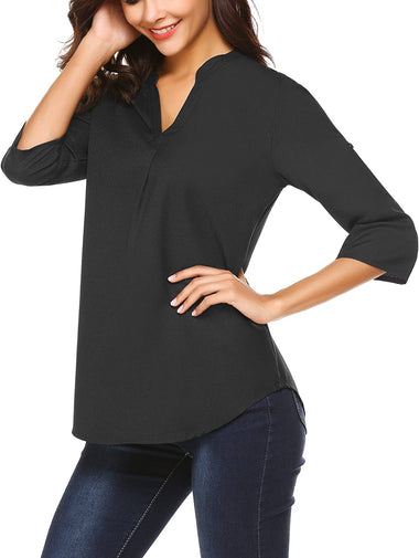 Women's Business Casual V Neck Cuffed Sleeves Work Blouse Top - Zeagoo (Us Only)