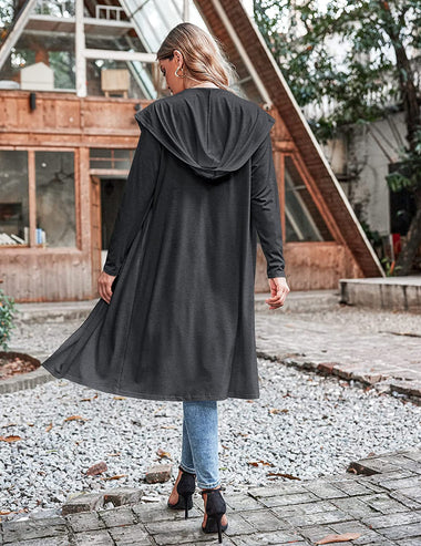Hooded Long Cardigans Maxi Cardigan with Hood Open Front Lightweight Duster Coat with Pocket - Zeagoo (Us Only)