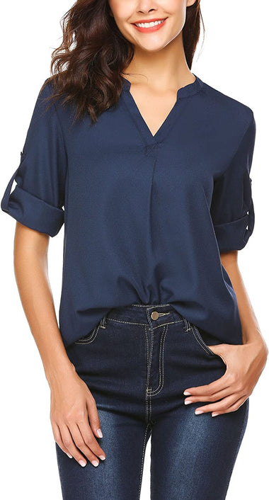 Women's Business Casual V Neck Cuffed Sleeves Work Blouse Top - Zeagoo (Us Only)
