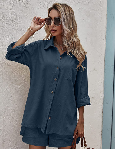 Women Two Piece Outfits Lounge Sets Cotton Long Sleeve Shirts and High Waisted Mini Shorts With Pockets - Zeagoo (Us Only)