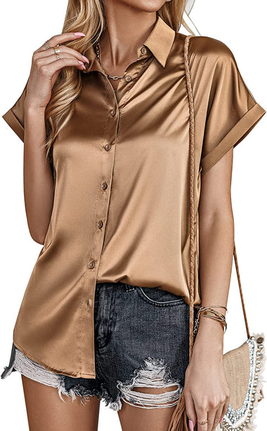 Silk Blouse for Women Short Sleeve Satin Button Down Shirts Casual Loose V-Neck Business Work Tunic Top - Zeagoo (Us Only)