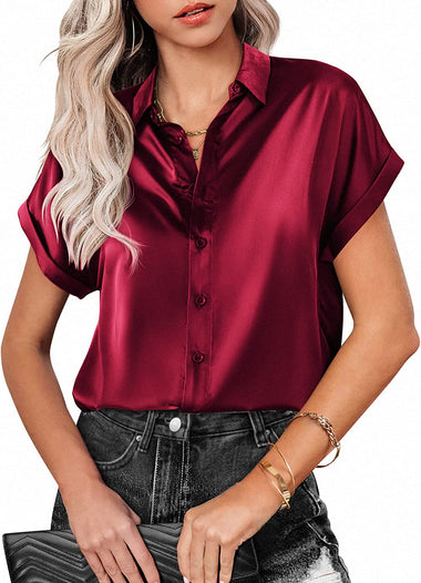 Silk Blouse for Women Short Sleeve Satin Button Down Shirts Casual Loo –  Zeagoo