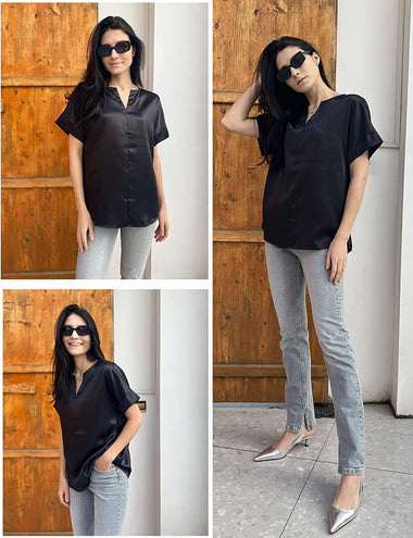 Women's Elegant V Neck Short Sleeve Satin Silk Blouse Tops - Zeagoo (Us Only)