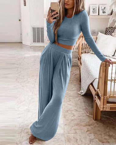 Two Pieces Sets Long Sleeve Crop Thread Top Casual High Waist Wide Leg Pants