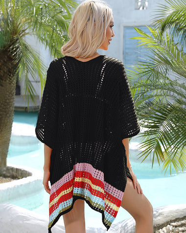 Hollow Out Beach Swimsuit Coverups Oversized Short Sleeve V Neck Loose Knit Bikini Cover Up
