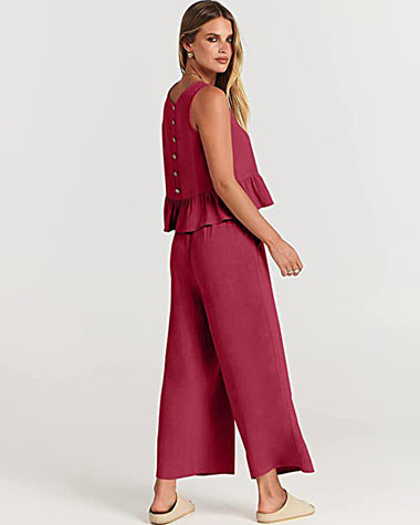 2 Piece Outfits Sleeveless Ruffle Tank Crop Top and Wide Leg Pants Lounge Set with Pockets