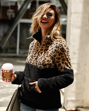 Leopard Color Block Tops Long Sleeve Coat Sweatshirt