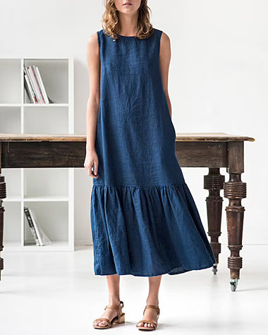 Loose Slim Mid-length Stitching Ruffled Sleeveless Dress
