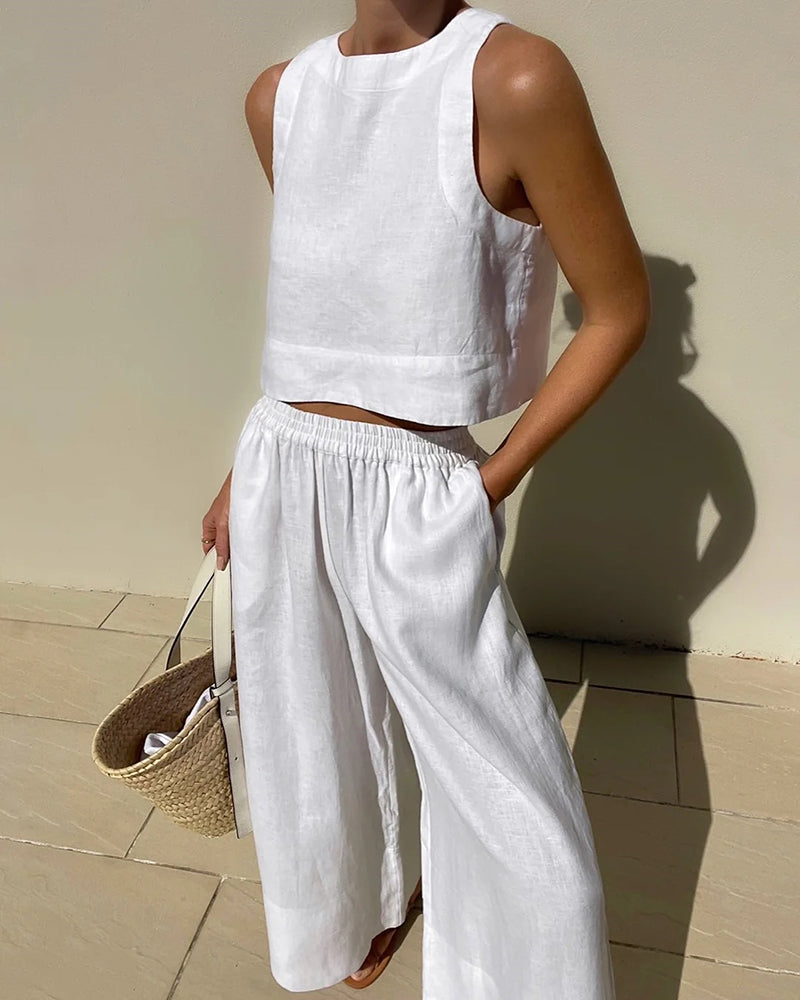 Summer White Cotton Linen Two Piece Sets for Women Fashion Sleeveless Vest  Tank Top and High Waist Wide Leg Pants Suit Outfit
