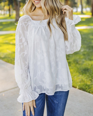 Ruffle Sleeve Solid Color Pullover Square Neck Chiffon Top