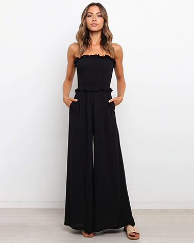 Smocked Strapless Jumpsuits Wide Leg Long Pants Rompers