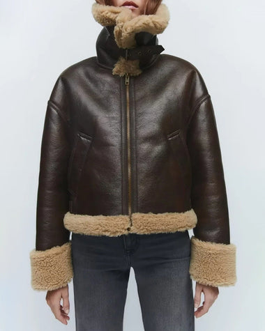 Insulated Faux Leather Jacket with Lapel Collar and Fur Sleeves
