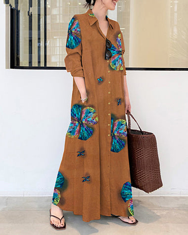Lapel Long Sleeve Long Shirt Dress butterfly Printed Loose Plus Size Maxi Dresses