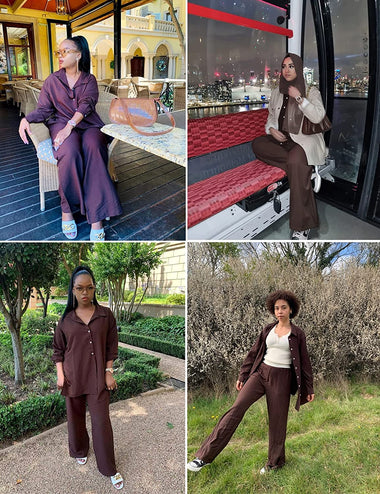 Women 2 Piece Outfits Sets Linen Button Down Long Sleeve Shirts and Wide Leg Pants Sets - Zeagoo (Us Only)