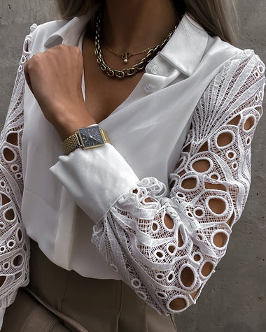 Elegant Lace V-NeckShirt Solid Color Hollow Out Long Sleeve Patchwork Blouse