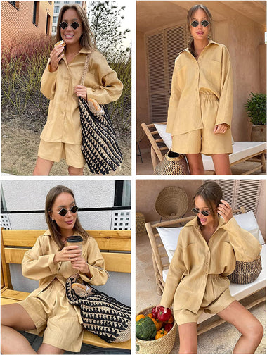 Women Two Piece Outfits Lounge Sets Cotton Long Sleeve Shirts and High Waisted Mini Shorts With Pockets - Zeagoo (Us Only)