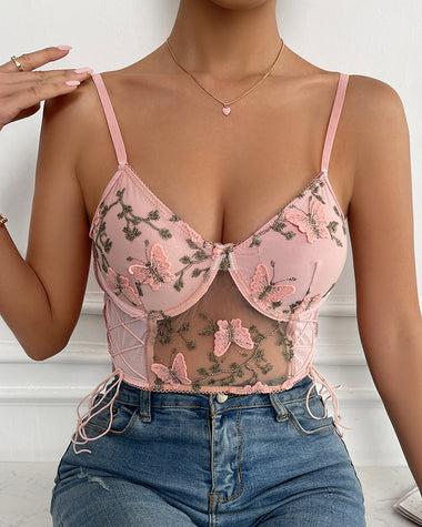 Butterfly Embroidered Side Tie Sling Crop Top