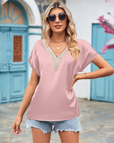 Short Sleeve V Neck Blouse Top Lace Trim Casual Summer Tee Shirt