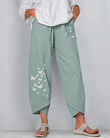 Pocket Printed Linen Loose Pants Elastic Casual Wide-Leg Cropped Pants