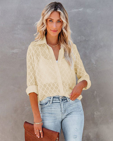 Long Sleeve Button Up Shirt Summer Sheer Tulle Top