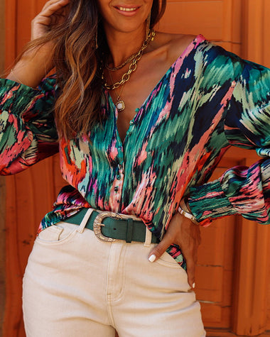 Retro Oil Painting Printed Shirt V-neck Bubble Sleeve Top