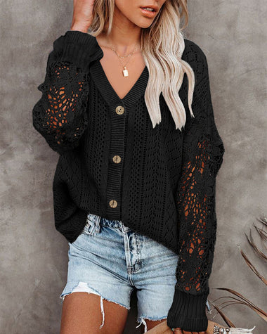 Long Sleeve Lace Cable Knit Sweater Open Front Cardigan Button Loose Shirts