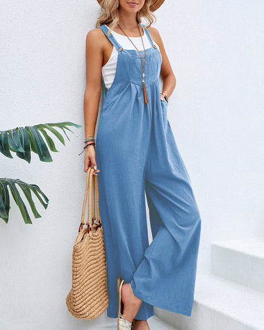 Solid Color Sleeveless Sling Pocket Wide Leg Side Button Plus Size Jumpsuits