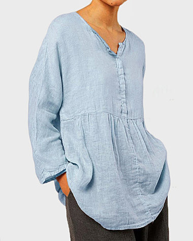 Plus Size Cotton and Linen Casual Loose V-neck Long-sleeved Shirt Top