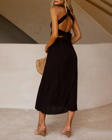 Elastic Waist Cross Straps Solid Casual Dress Sleeveless A-Line Summer Maxi Dress