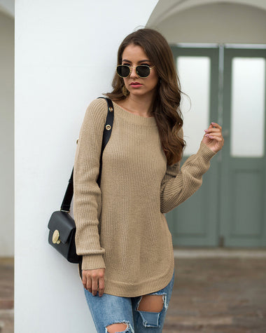 Crew Neck Long Sleeve Slit Pullover Knit Sweater