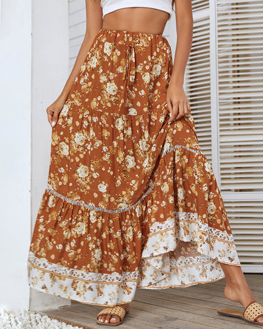Bohemian Floral Skirt Elastic High Waist A- Line Tiered Flowy Beach Maxi Skirt