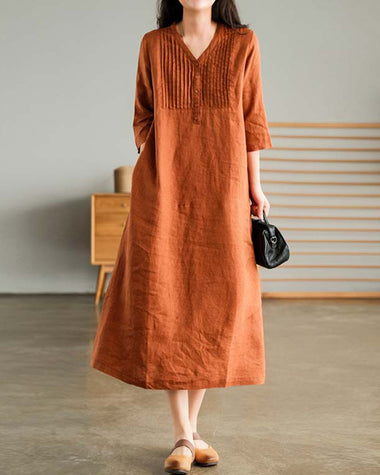 Loose Stitching Solid Color V-neck Half-sleeved Mid-length Dress