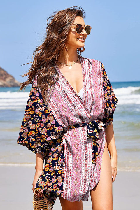 zeagoo women floal kimono swimsuit cover up summer beach v neck loose cardigans duster with tie