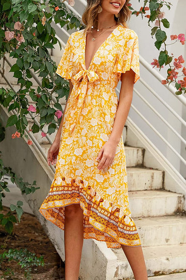 Bohemian Floral Tie Front V Neck Midi Dresses - Zeagoo (Us Only)