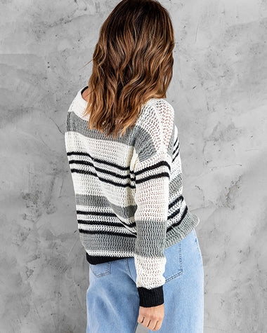 Striped Color Block Round Neck Loose Knit Sweater