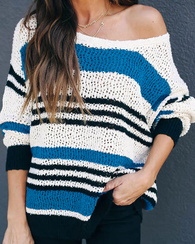 Striped Color Block Round Neck Loose Knit Sweater