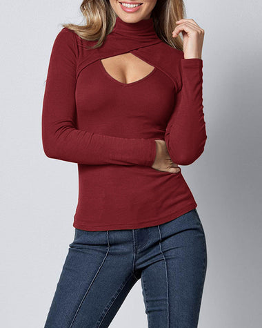 Long Sleeve Turtleneck Wrap Look Front Ribbed Knitted Slim Fit Tops Tee Shirts