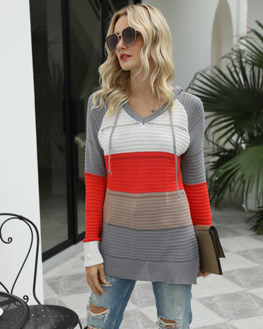 Knitted Hoodies Sweatshirt Loose Color Block Striped Tops