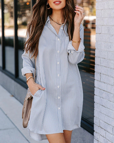 Plus Size Striped Print Button Front Long Sleeve Mini Shirt Dress