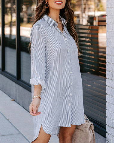 Plus Size Striped Print Button Front Long Sleeve Mini Shirt Dress
