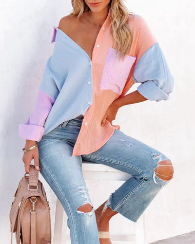 Color Block Button Down Shirts Patchwork Oversized Long Sleeve Blouse Top with Pockets