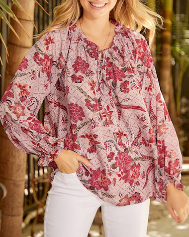 Round Neck Long Sleeve Shirt Floral Print Lantern Sleeve Tunic Top