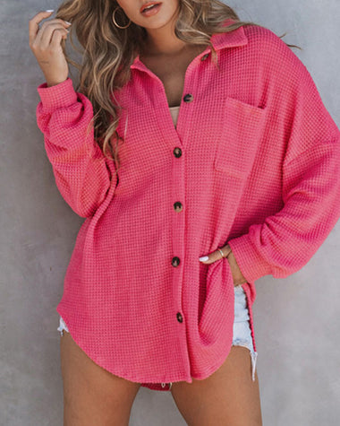 Waffle Knit Button Down Shirt Long Sleeve Loose Solid Color Tops