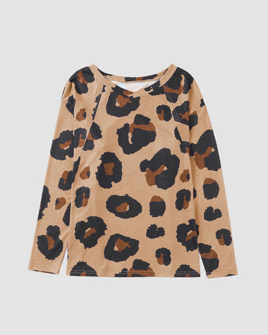 Long Sleeve Tops Leopard Round Neck Tee Casual Plus Size Blouse Tops