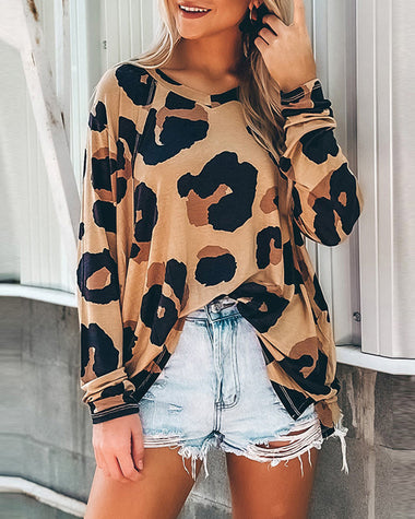 Long Sleeve Tops Leopard Round Neck Tee Casual Plus Size Blouse Tops
