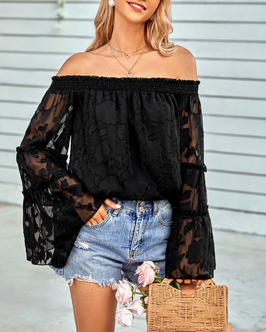 Off The Shoulder Tops Floral Print Casual Loose Chiffon Bell Sleeve Blouse Shirts